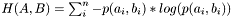 $ H(A,B) = \sum_i^n{-p(a_i,b_i) * log( p(a_i, b_i) )} $