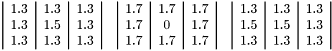 \[\begin{tabular}{ccc} \begin{tabular}{|c|c|c|} 1.3 & 1.3 & 1.3 \\ 1.3 & 1.5 & 1.3 \\ 1.3 & 1.3 & 1.3 \\ \end{tabular} & \begin{tabular}{|c|c|c|} 1.7 & 1.7 & 1.7 \\ 1.7 & 0 & 1.7 \\ 1.7 & 1.7 & 1.7 \\ \end{tabular} & \begin{tabular}{|c|c|c|} 1.3 & 1.3 & 1.3 \\ 1.5 & 1.5 & 1.3 \\ 1.3 & 1.3 & 1.3 \\ \end{tabular} \\ \end{tabular}\]