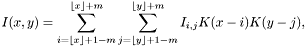 \[ I(x,y) = \sum_{i = \lfloor x \rfloor + 1 - m}^{\lfloor x \rfloor + m} \sum_{j = \lfloor y \rfloor + 1 - m}^{\lfloor y \rfloor + m} I_{i,j} K(x-i) K(y-j), \]