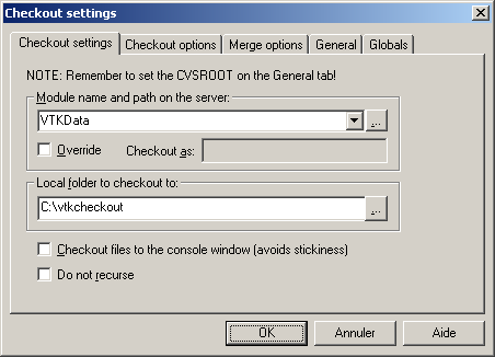 WinCVS checkout settings for VTKData