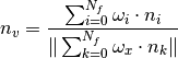 n_v = \frac{\sum_{i=0}^{N_f} \omega_i \cdot n_i}{\| \sum_{k=0}^{N_f} \omega_x \cdot n_k\|}